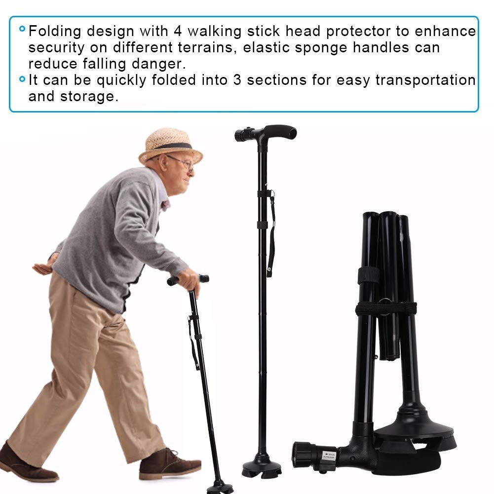 Bastón para Caminar, bastón para Caminar, Plegable, Antideslizante, Plegable, de aleación de Aluminio, bastón Plegable para Caminar con luz LED, Regalo para Ancianos Interesting