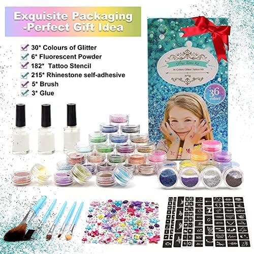 Glitter Tattoos for Kids, Temporary Tattoo Kit - 36 Colours Glitter, 182 Stencils, 6 Fluorescent, 215 Rhinestones, Skin Friendly Flash Make Up for Girls & Adults, Gift for Carnival, Birthday, Party