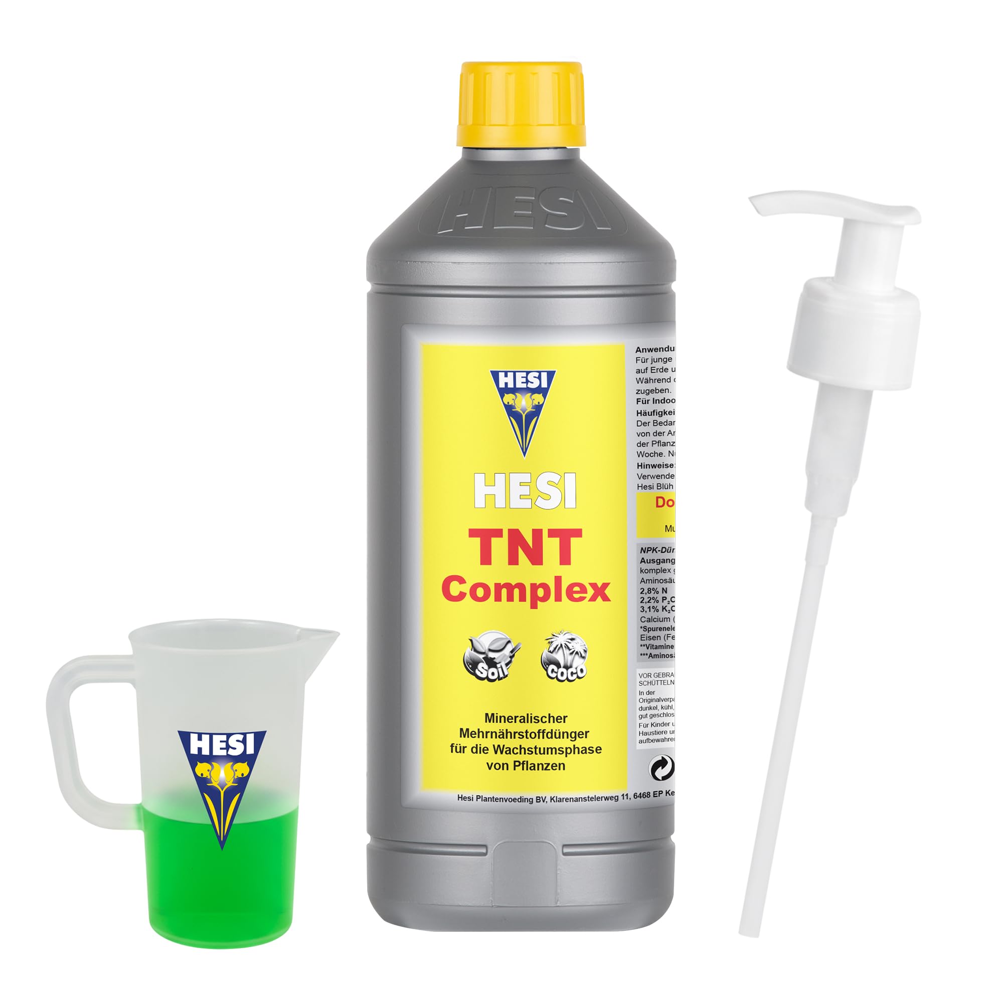 Hesi TNT Complex 1L mit Dosierpumpe und Messbecher – Wachstumsdünger für kräftige Pflanzen und starke Wurzeln