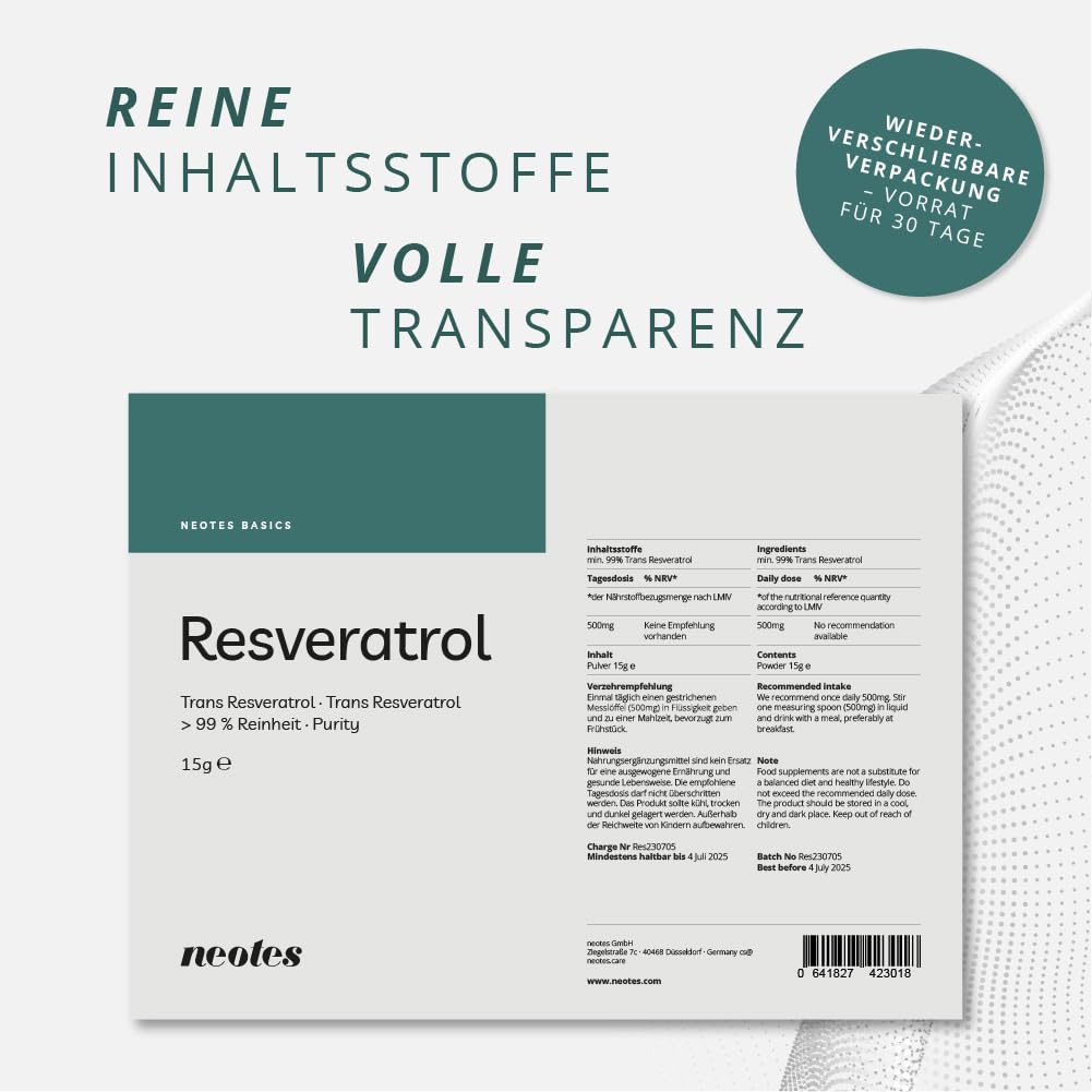 Polvere Trans-Resveratrolo – 3 confezioni da 15 g in confezione da 1 mese, ha un effetto antiossidante e immunitario di supporto | Vegano e senza glutine – Senza ingegneria genetica e senza