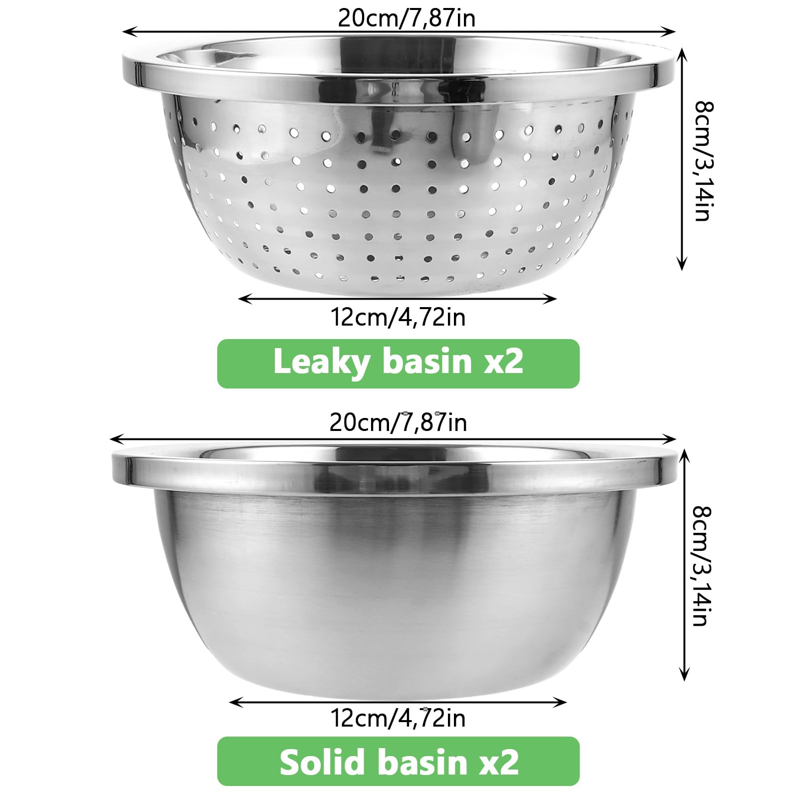 Set di 2 colino e ciotole in acciaio inox, 20 cm, colino da cucina, colino per pasta di riso, ciotola impilabile in acciaio inox, per verdure, frutta, pasta di riso