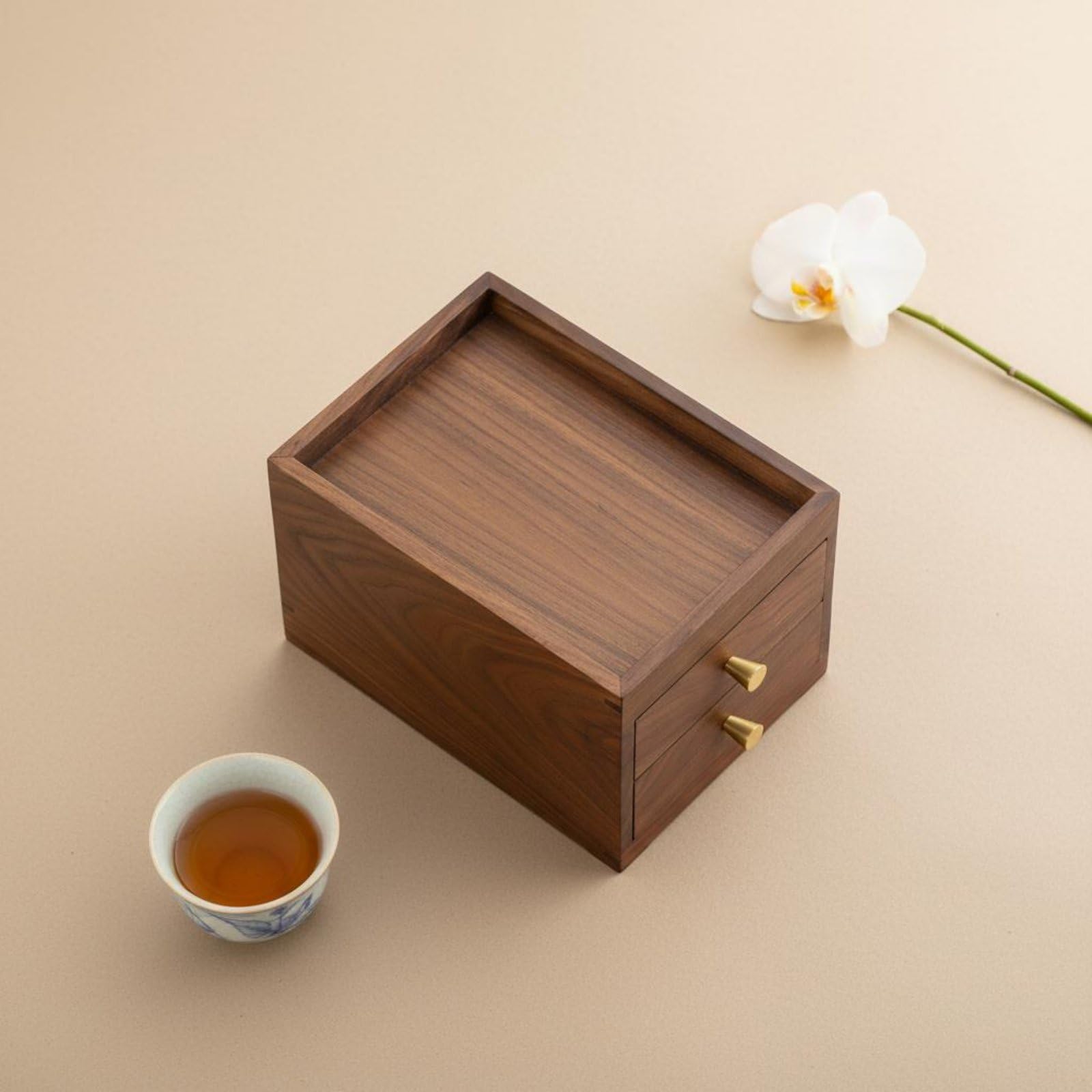 Cassettiera a Doppio Cassetto Organizer Scrivania Legno Compatto Box Portaoggetti Vassoio Incassato Manopole Ottone Adatta per Soggiorno Ufficio Toeletta