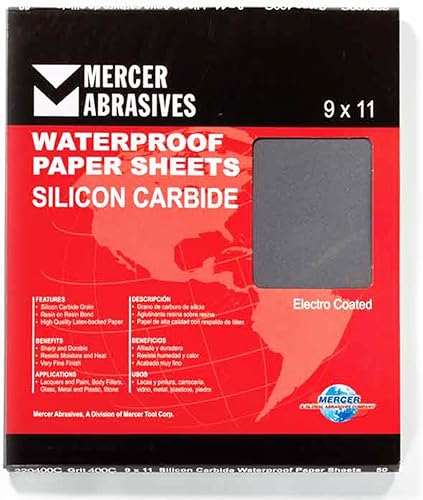 Mercer Industries 220220A - Hojas de papel impermeables de carburo de silicio de 9 x 11, grano 220A (paquete de 50)