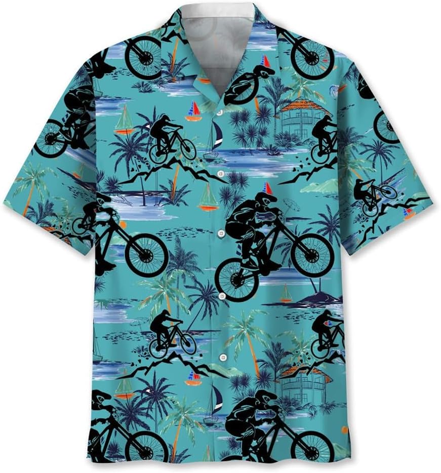 Mountain Bike Hawaiian Shirts for Men, Mens MTB Shirt Summer Short Sleeves Aloha Beach Clothing