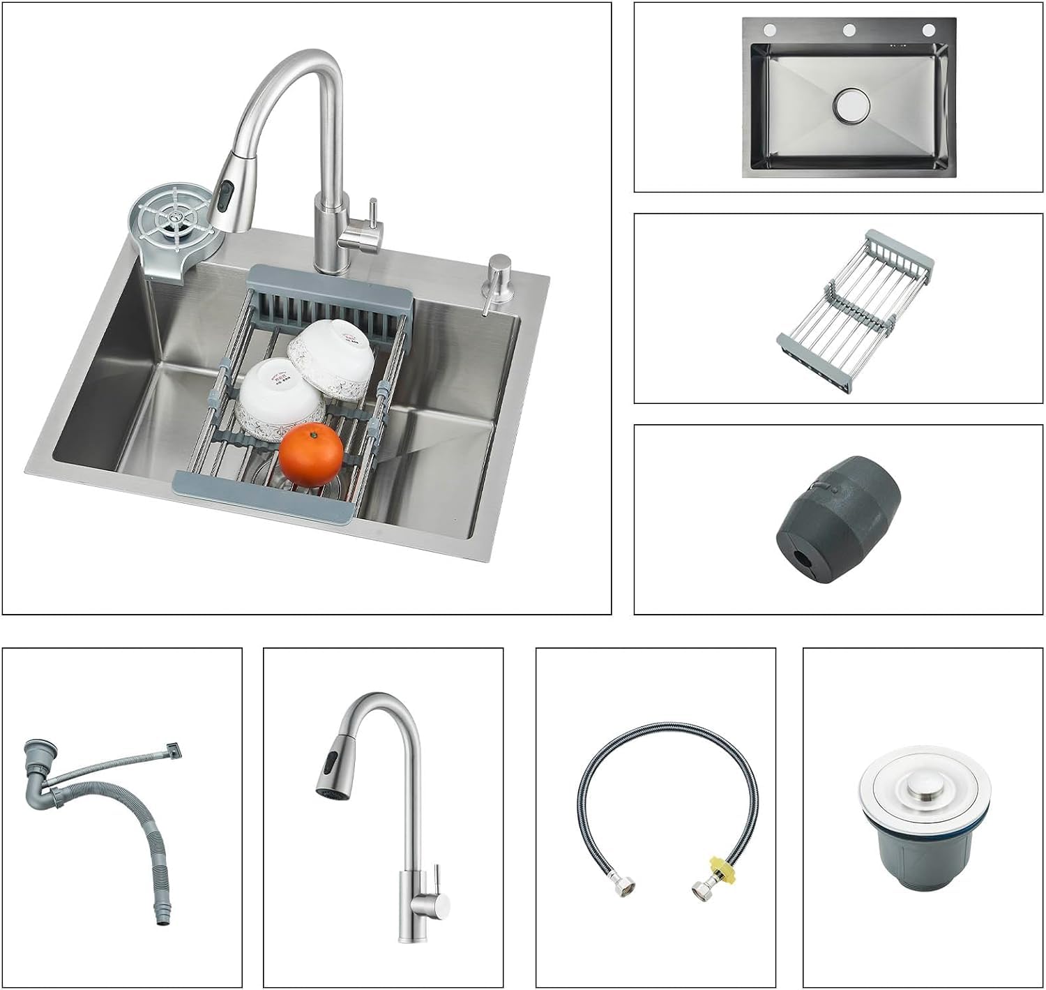 Evier de Cuisine Brossé 1 Bac 60x45 CM, avec Robinet Extensible, Distributeur de Savon et Lave-gobelet, Kit de Plomberie Complet