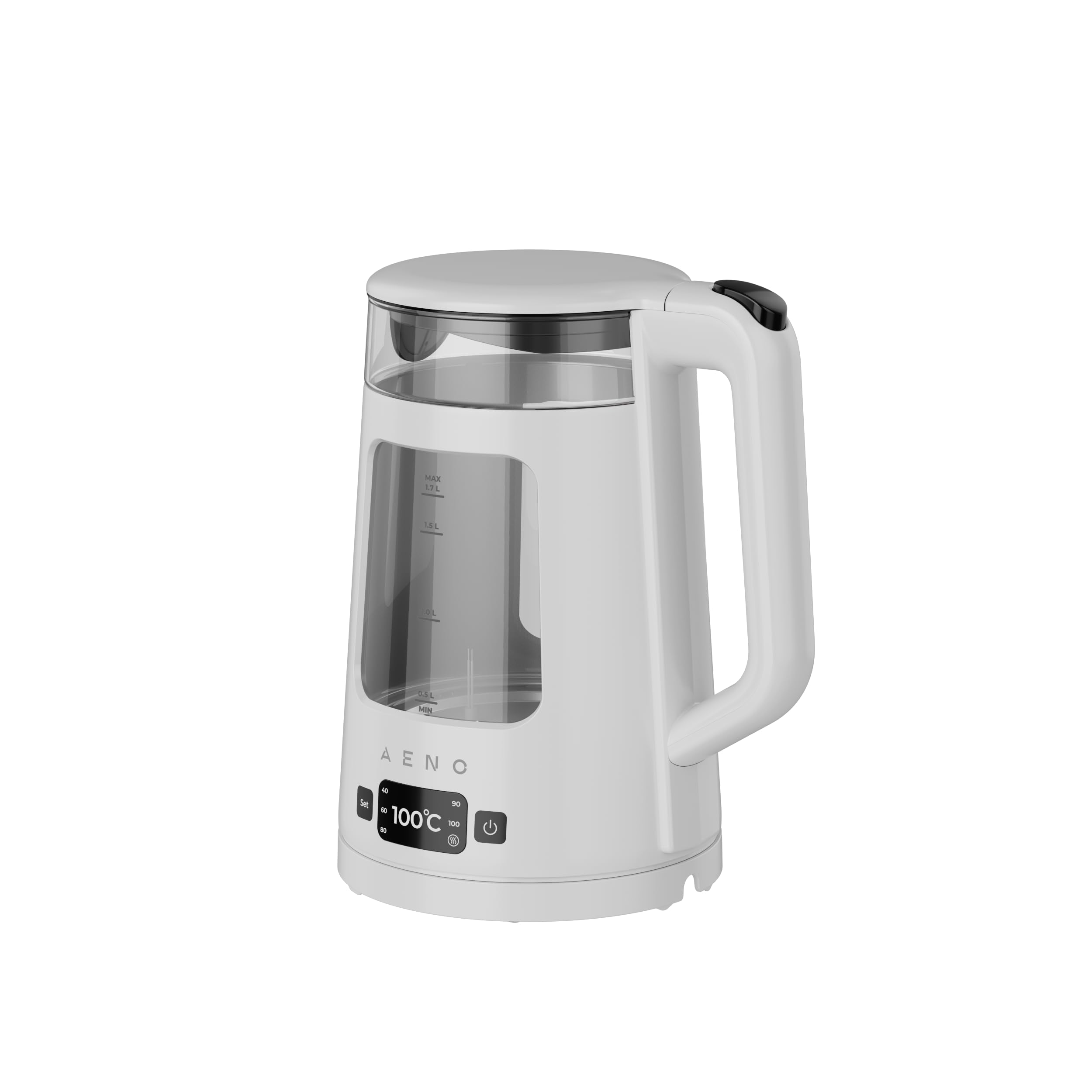 AENO EK6 Bouilloire électrique 1,7 l, 1850-2200 W, contrôleur Strix, bol intérieur en verre, double paroi, écran LED, fonction maintien au chaud, transparente