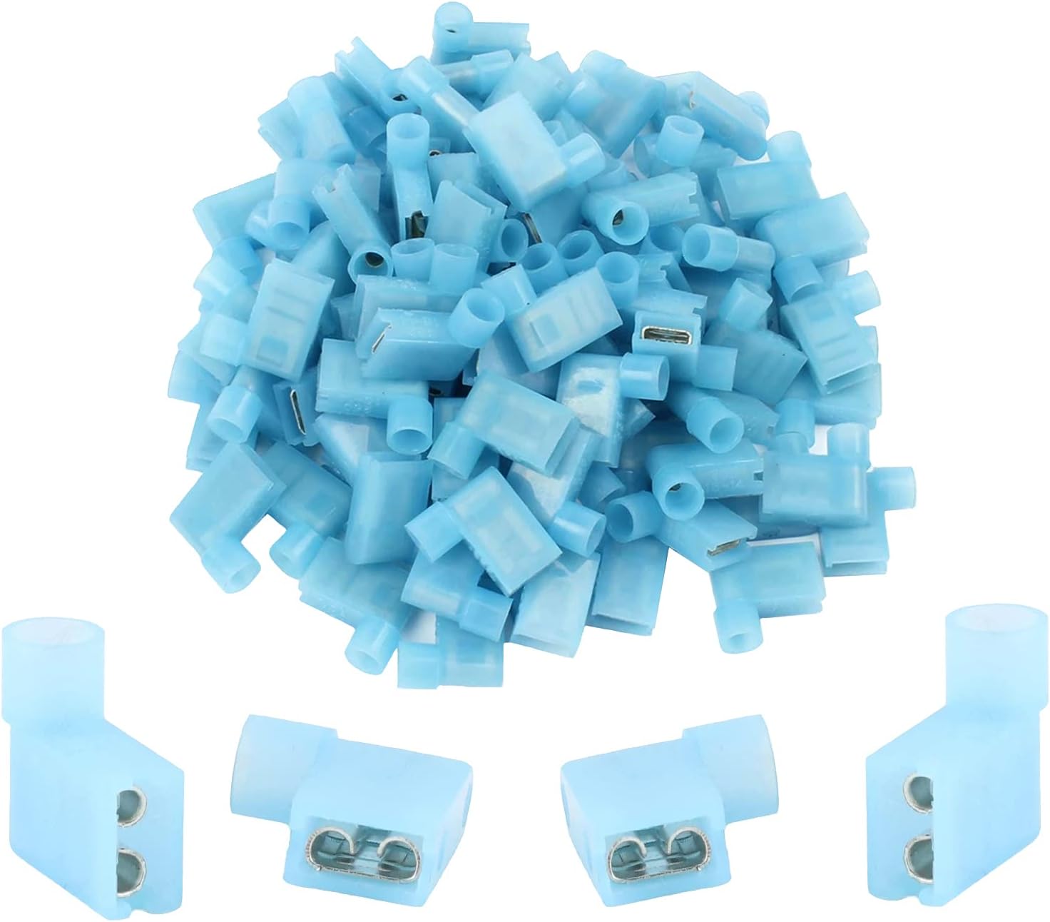 Teansic 100Pcs Nylon Flag Spade Connectors Fully Insulated Right Angle Crimp Terminal Quick Disconnects 16-14 AWG Electrical Wire Connectors - Blue