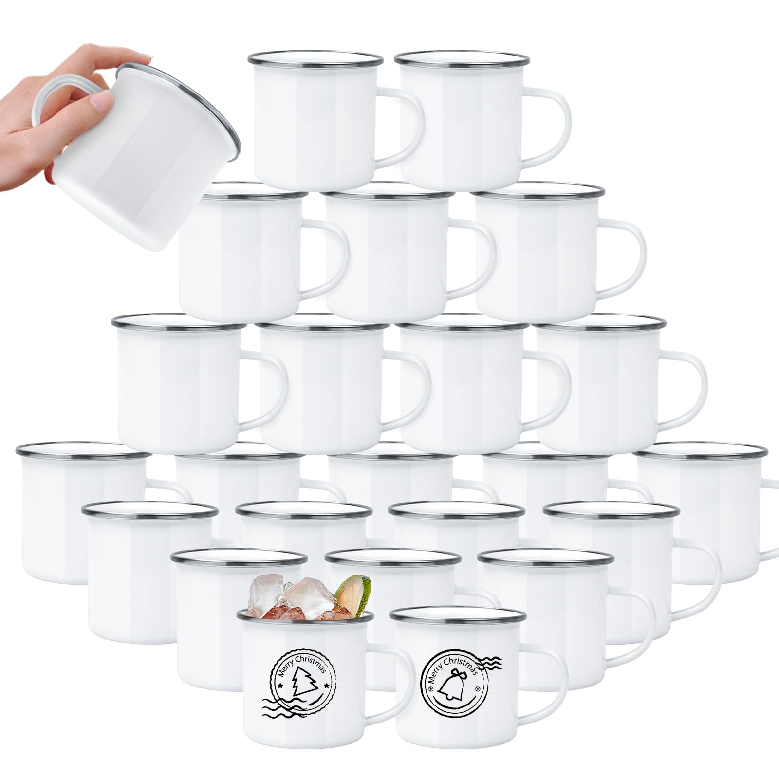YOUKE OLA 24 Stück Sublimationsrohlinge Emaille Becher Camping Outdoor Kaffee Reise Metallbecher mit Silberrand für Wärmeübertragung DIY Geschenk Weiß 340 ml