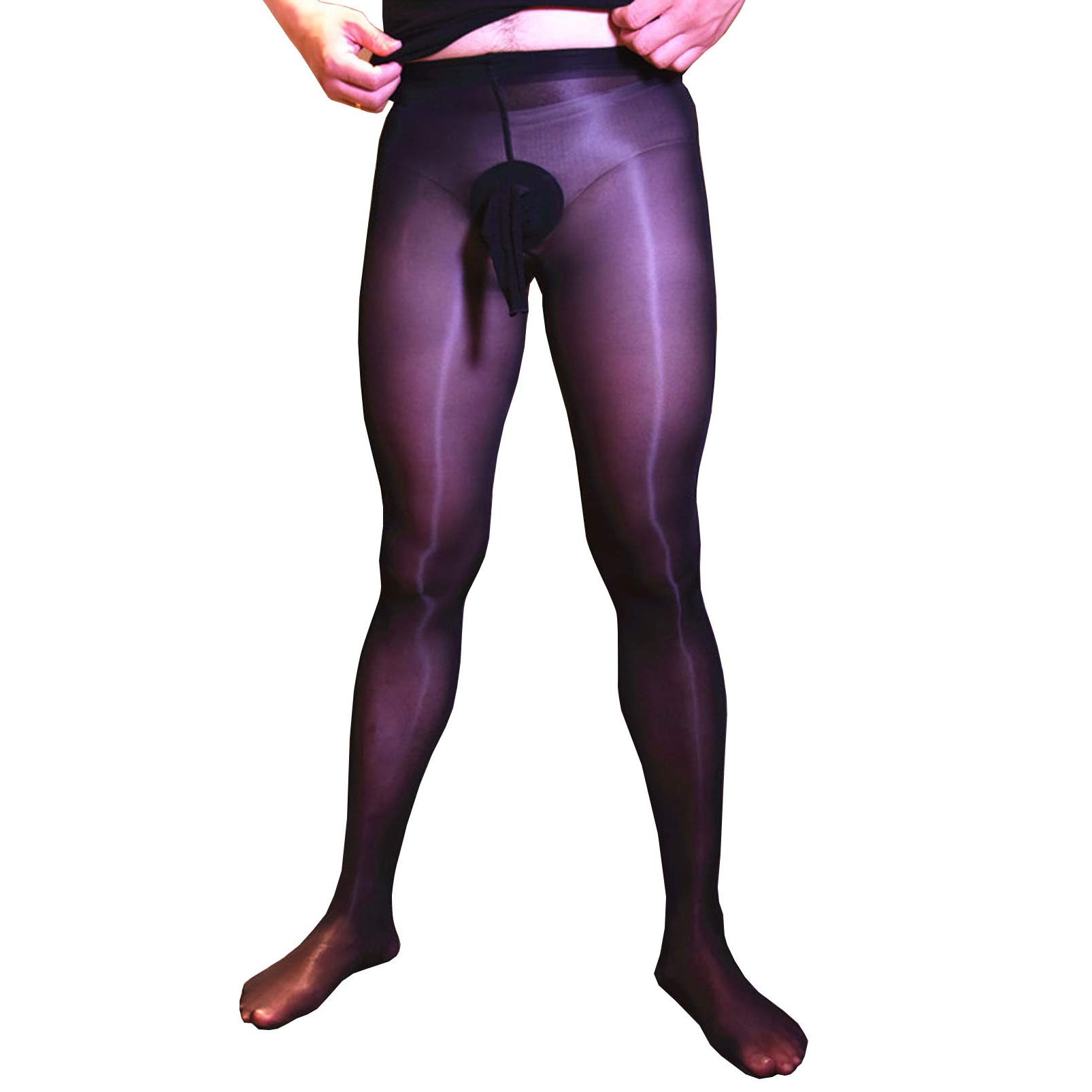 BEFASY Men's Sexy 8D Oil Shiny Pantyhose Nylon See Through Sheer Stockings Tights with Silicone Sheath