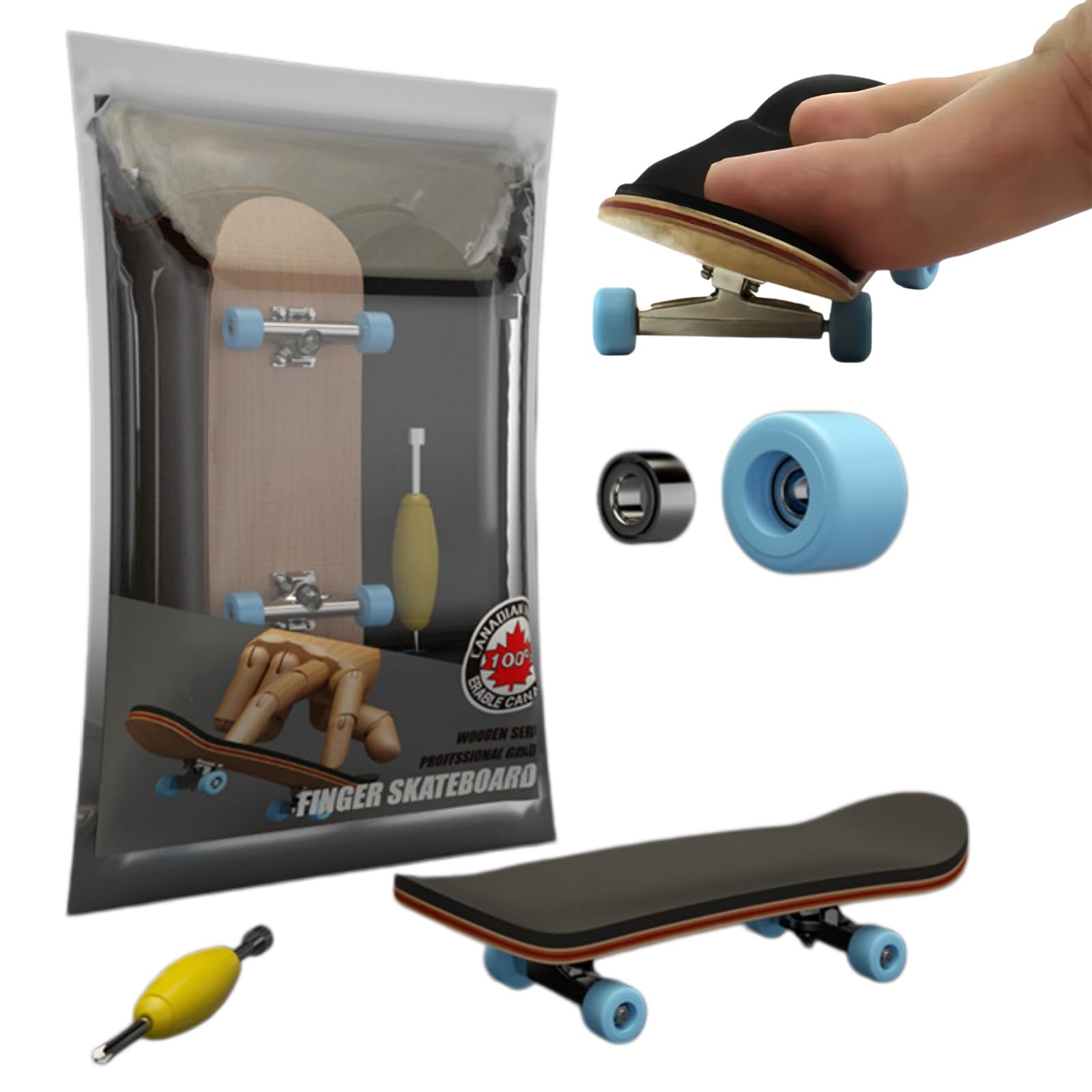 Professional Fingerboard Skateboard,5-Layer Maple Wood Fingerboard,Mini Finger Skateboard for Boys,Girls,Adults,Stress Relief Toy,Finger Scooter,Fingerboard & Perfect Skateboard Gift,Light Blue Wheels