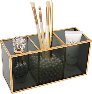 Makeup Brush Holder Glass and Brass Cosmetic Storage Organizer Makeup Storage for Brushes, Eyeliner, Pen, Lipstick and More (Black A)