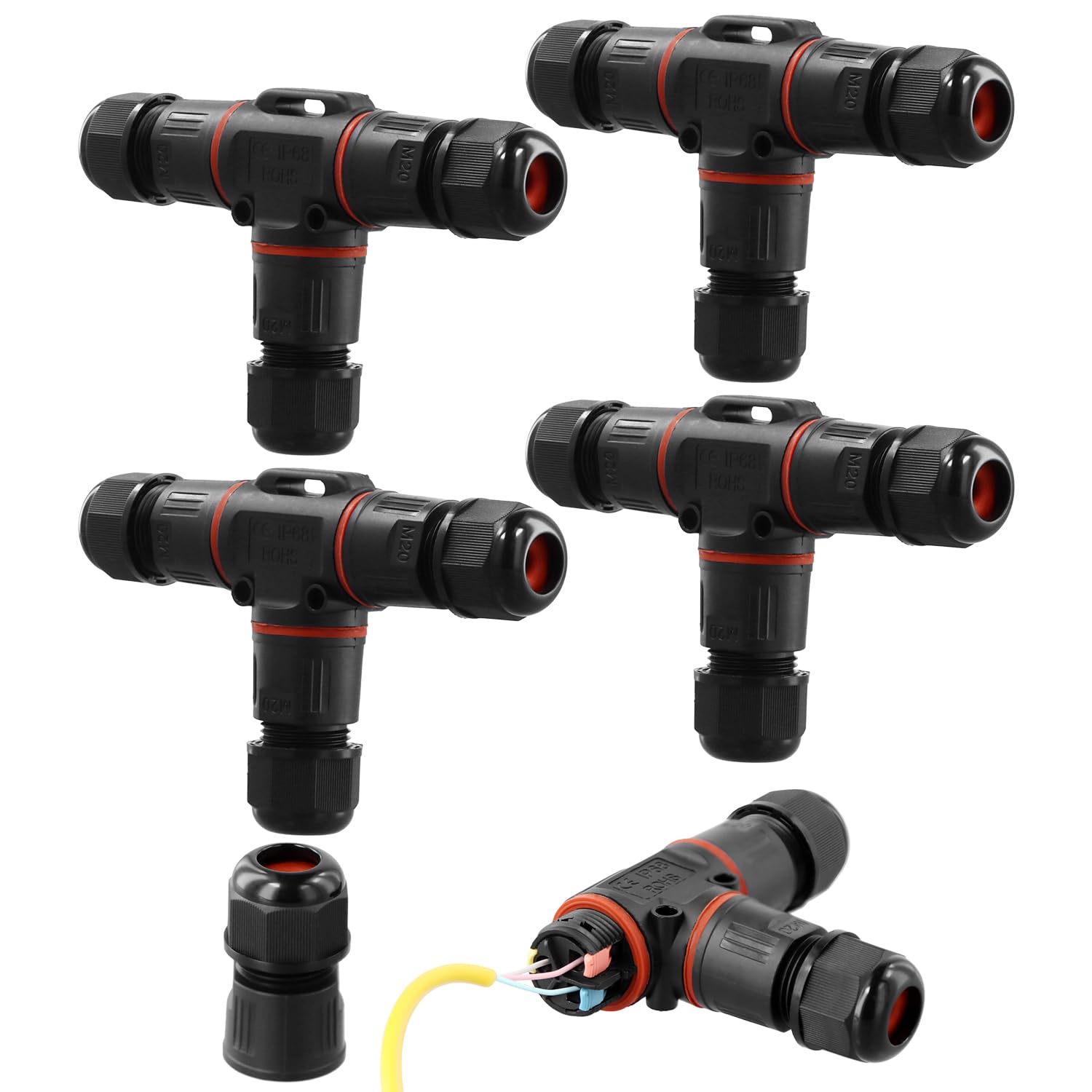 QWORK® 4 Pack IP68 Waterproof Junction Box, 3-Way Cable Connector, T-shape cable connector, Suitable for 3-12mm Cables