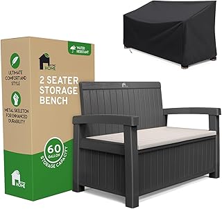 EconoHome 2 Seat Outdoor Storage Bench with Rain Cover - 60 Gallon Capac...