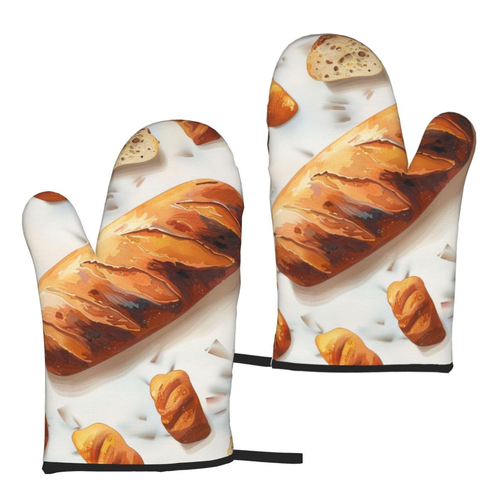 Painted Bread Printed Oven Gloves Set of 2 Pcs Heat Resistant Kitchen Gloves Potholders for Cooking Baking Grilling
