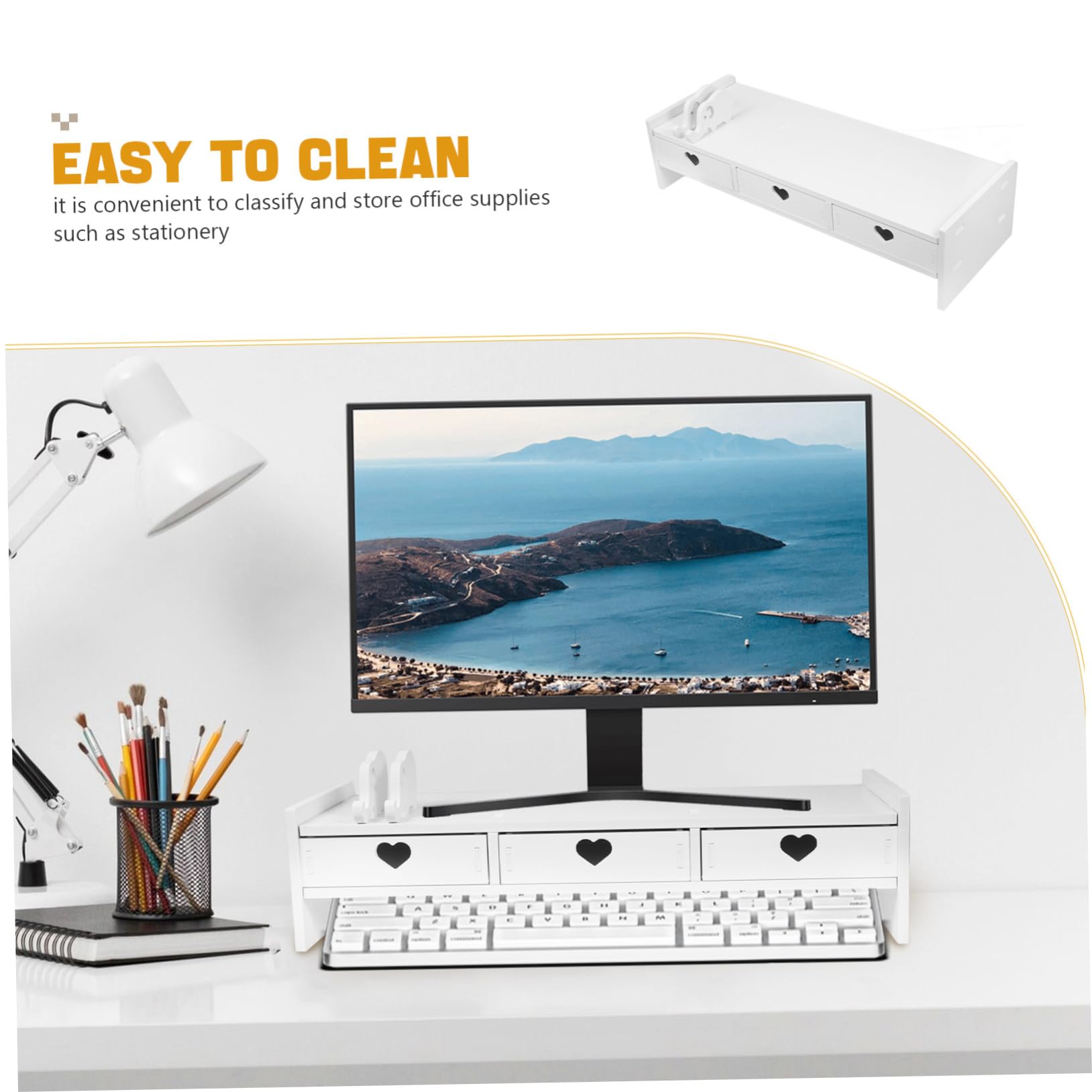 Biurko Organizacyjne Podstawka Pod Monitor z Szufladami Do Przechowywania Klawiatury i Akcesoriów Podwyższana Stojak Laptopa Minimalistyczny Biały Organizer Biurko Do