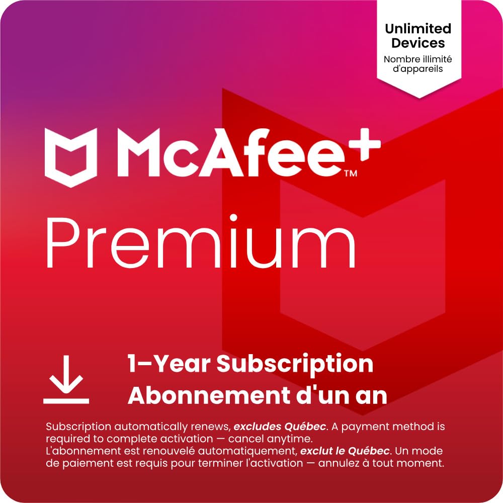 McAfee+ Premium 2026 | Unlimited Devices | All-In-One Cybersecurity Software includes Unlimited VPN Identity Monitoring and Antivirus | 1 Year Subscription with Auto-Renewal | Online Code