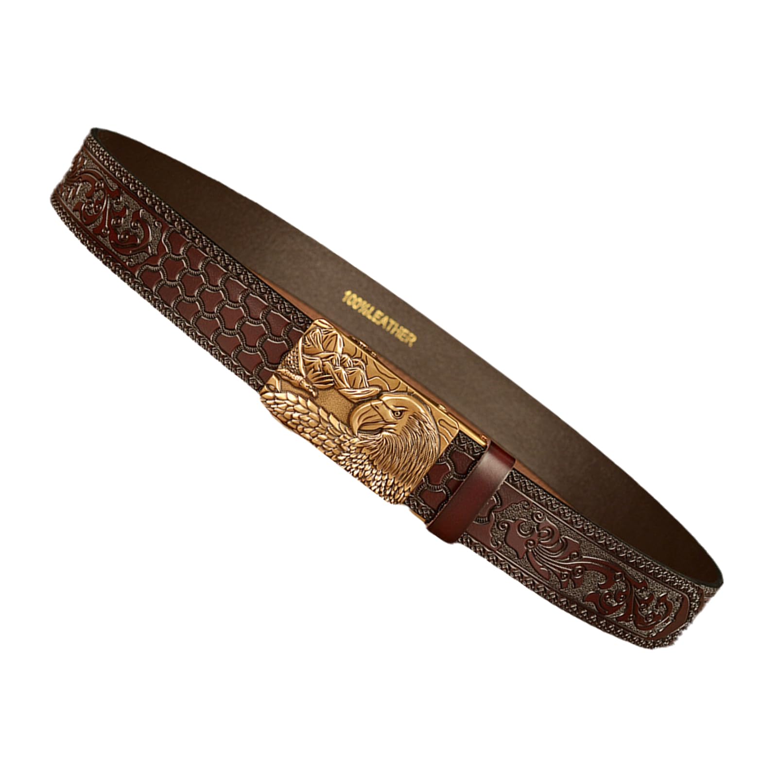 Cinturón De Cuero Con Trinquete Deslizante Águila En Relieve, Hebilla Automática Ajustable, Negro, 130cm, Cintura Apta 44 "-46" For Pantalones Vaqueros