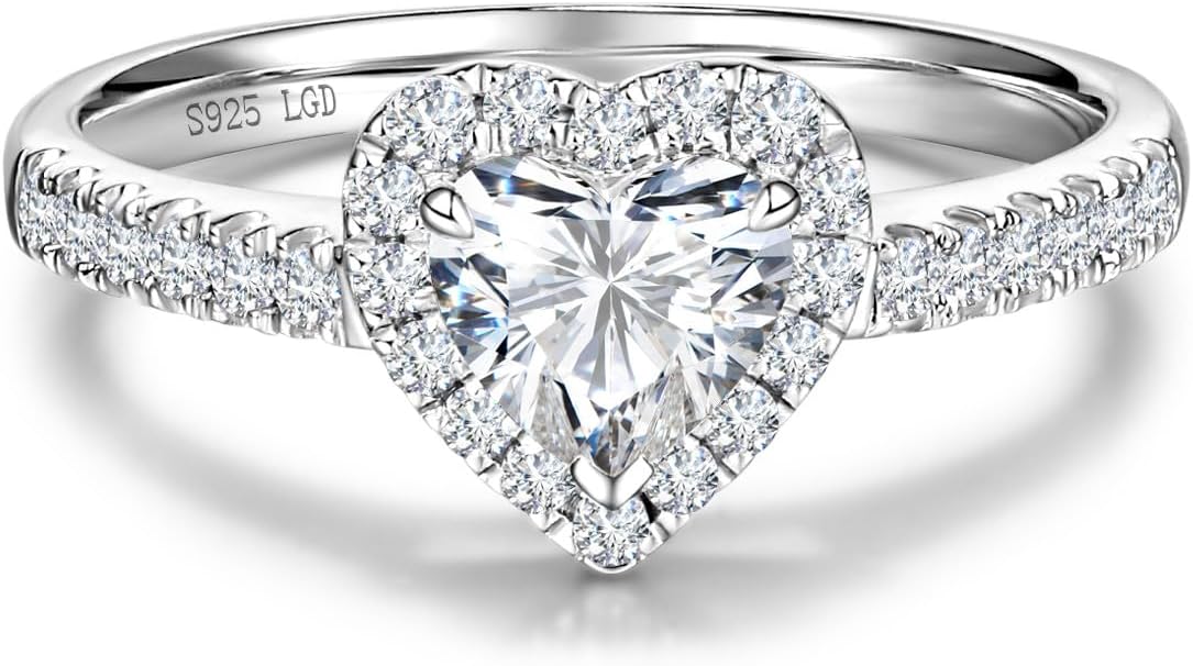 AGVANA Eternal Heartbeat 0.5-1.3 Ct. Tw. Lab Grown Diamond Halo Heart Engagement Ring in Sterling Silver (0.3-1 Carat Main Stone) Promise Anniversary Wedding Ring for Women (D-E Color, VS Clarity)