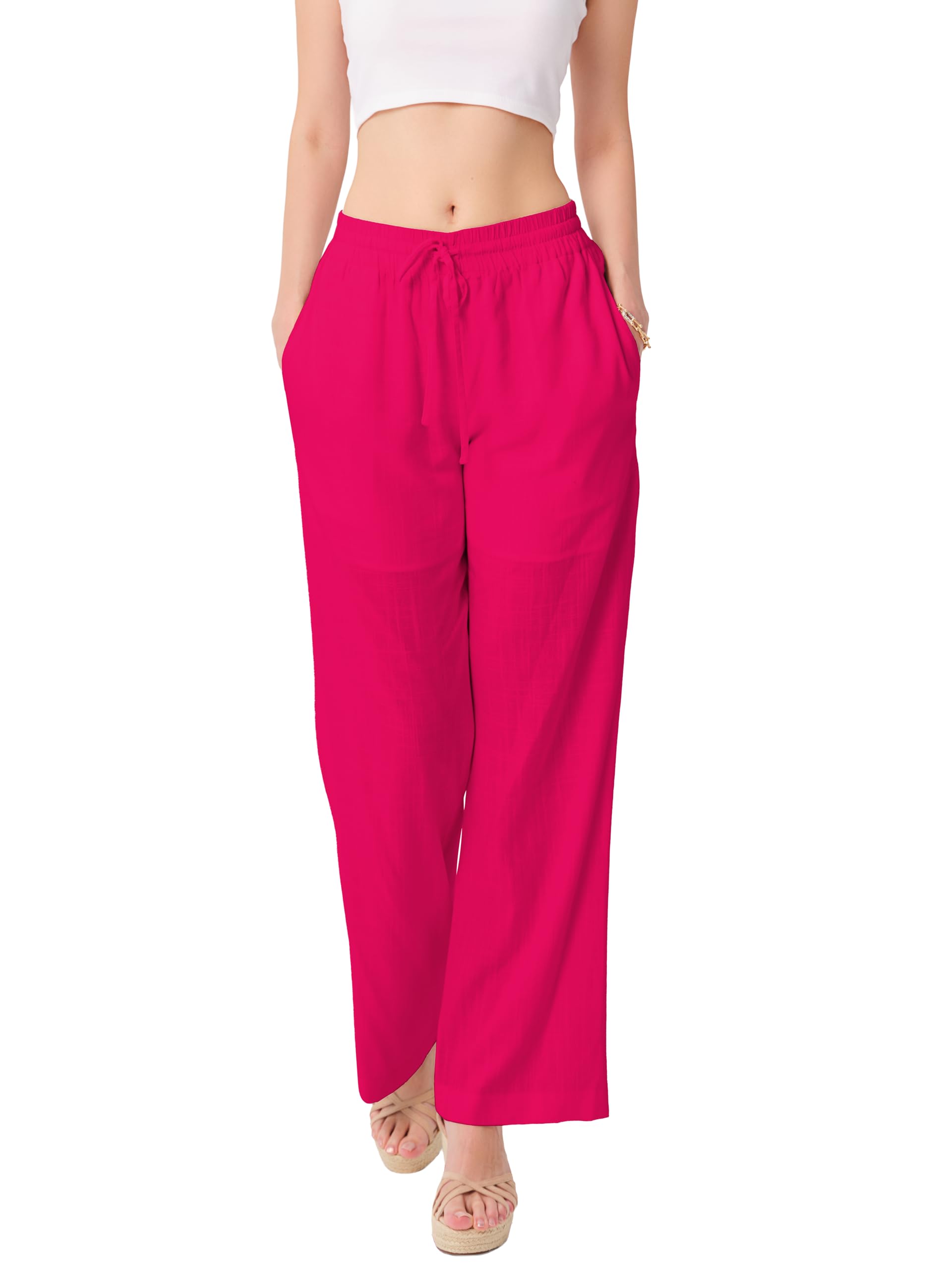 Womens Linen Wide Leg Pants Lightweight Trousers Drawstring Loose Fit Breathable Side Pockets Beach Summer