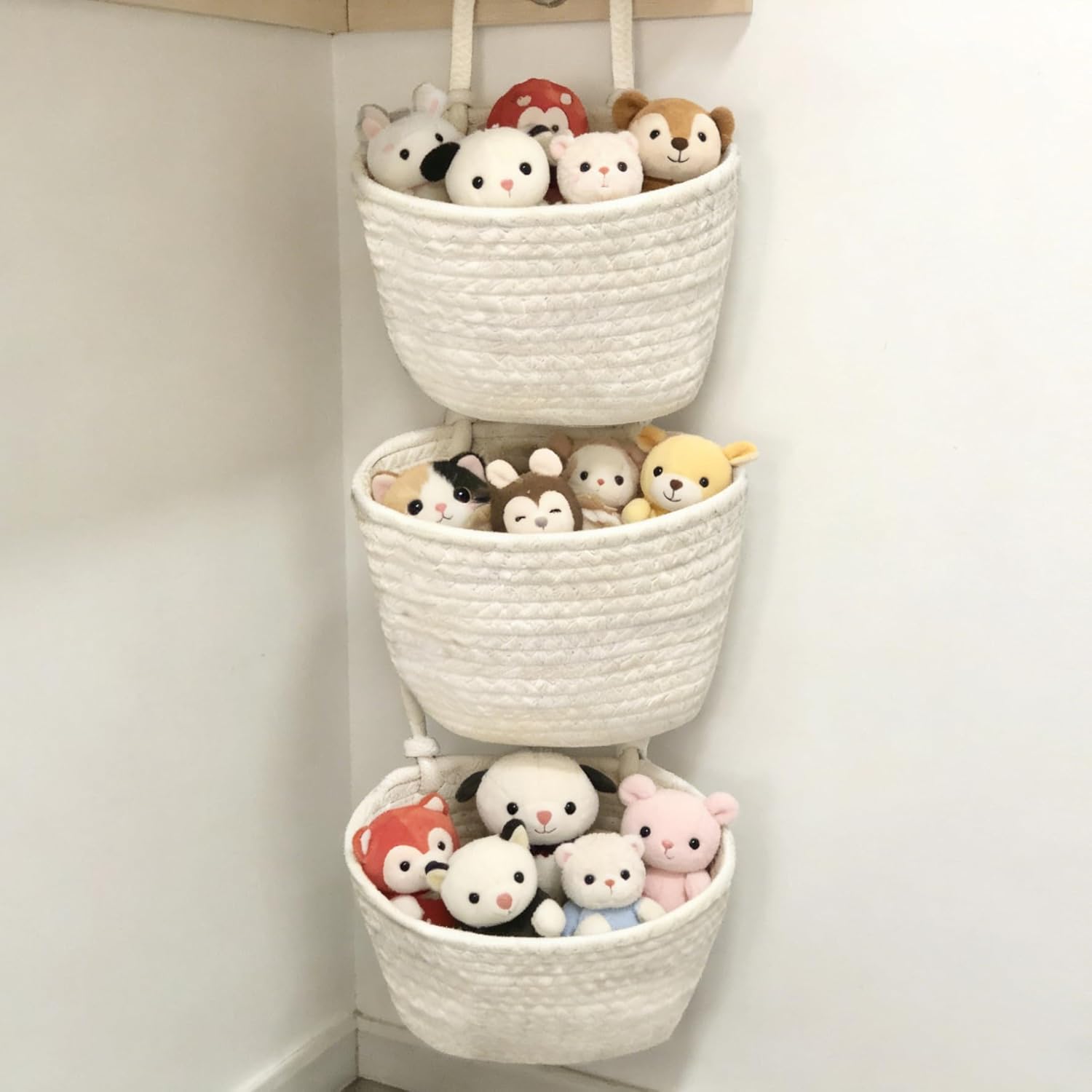 Boho Basket for New Home, 2 Pcs 3-Tier Woven Cotton Hanging Basket, Wall Mounted Storage Organizer, Over The Door Organizer for Bedroom, Closet, Bathroom