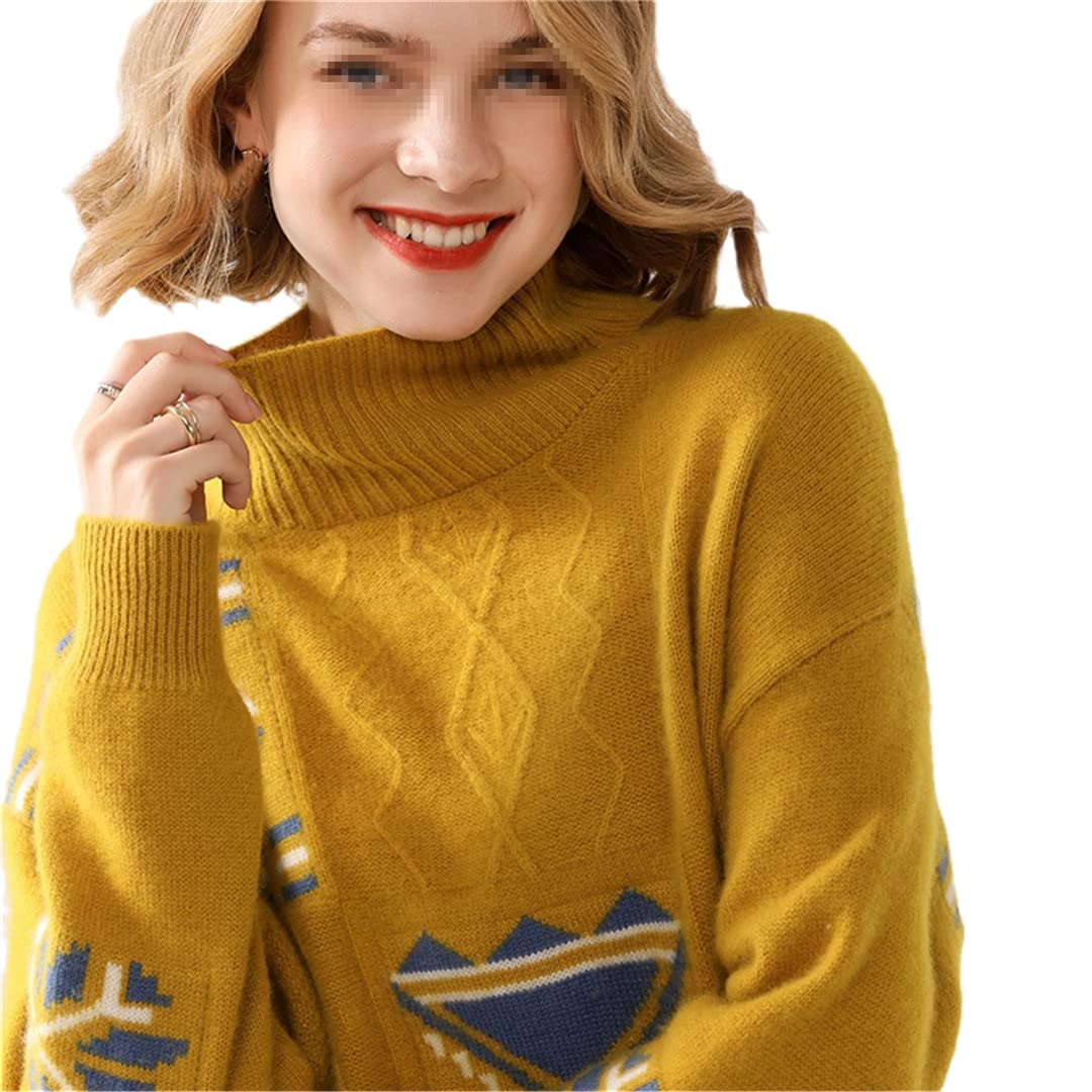 Ladies Turtleneck Sweater 100 Pure Wool Knit Pullover Oversized Sweater Loose Ladies Fashion Sweater Womens Top Yellow XL