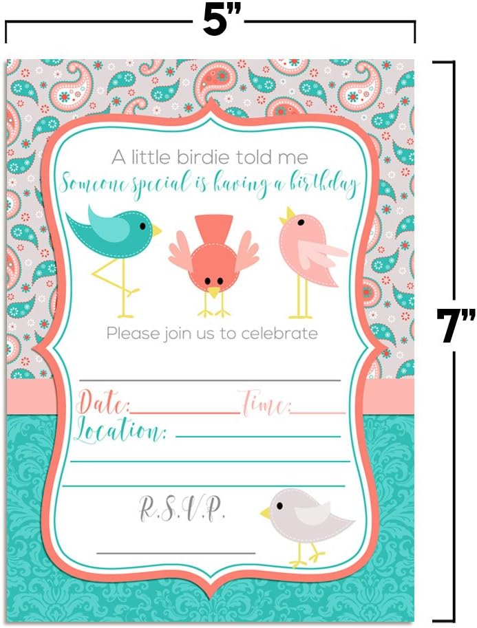 A Little Birdie Told Me Themed Birthday Party Celebration Invitations, 20 5x7 Fill In Cards with Twenty White Envelopes by AmandaCreation