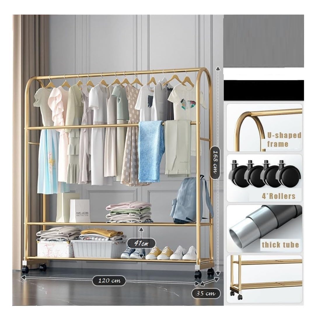 Lukzer Metal Multipurpose A Shape Garment Rack with 2 Bottom Shelf Heavy Duty Non-Slip Clothes Hanging Rail Coat Hanger Display Unit Living Room, Bedroom (Gold, 168 x 120 x 35cm) DIY offers donot miss