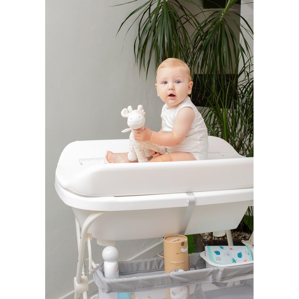Interbaby Bañera Bebé Cambiador Plegable Patas, Ruedas, Hamaca (Dino) | Bañera con cambiador 2 en 1, hamaca anatómica extraíble, patas antideslizantes, altura ergonómica, portátil
