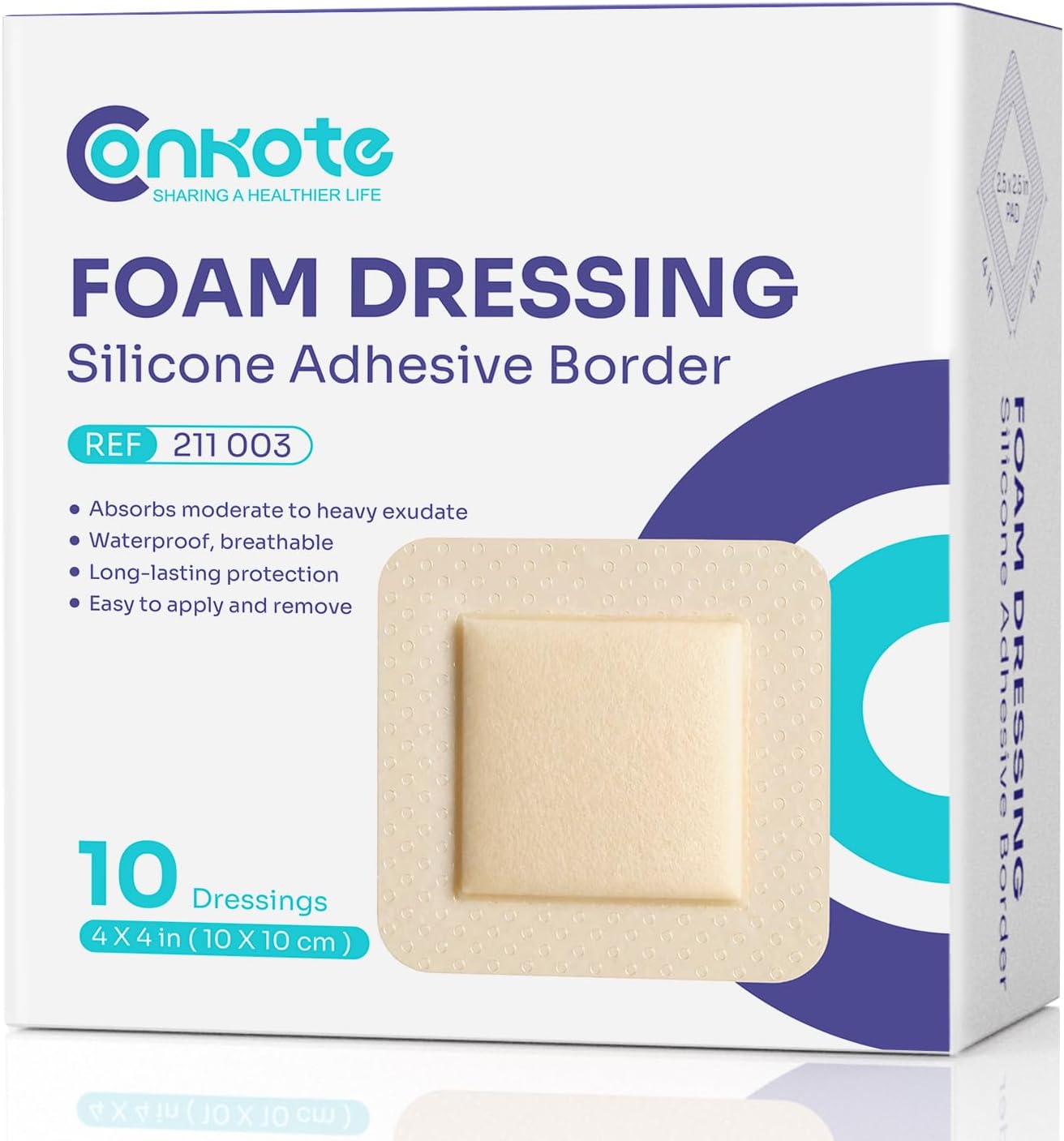Conkote Silicone Adhesive Foam Dressings 4'' X 4'', Waterproof Bandages for Wound Care, Box of 10 Dressings