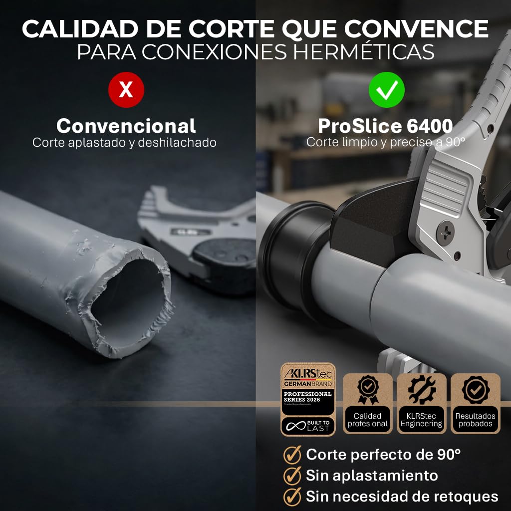 KLRStec Juego de cortador de tubos de PVC profesional ProSlice 6400 (64 mm/2-1/2") Cortador Profesional con Carraca para PVC, PE, PP – Incluye Cuchilla de Repuesto y Funda Nylon con Clip