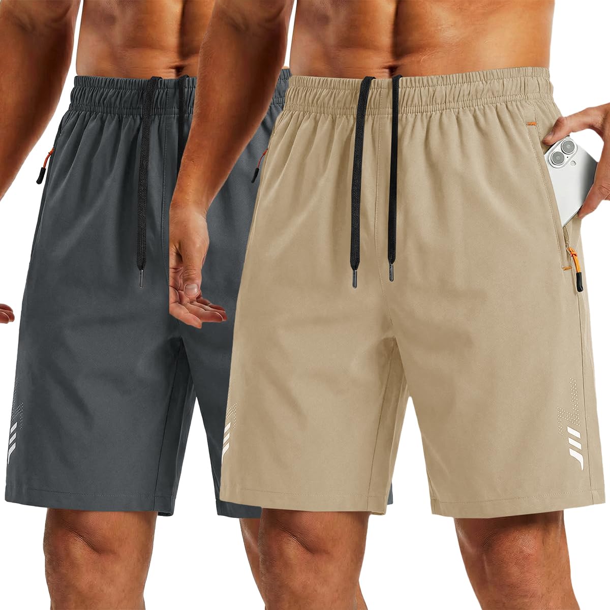 Paquete de 2 pantalones cortos deportivos para hombre, de secado rápido, ligeros, para entrenamiento, verano, casual, con bolsillos con cremallera