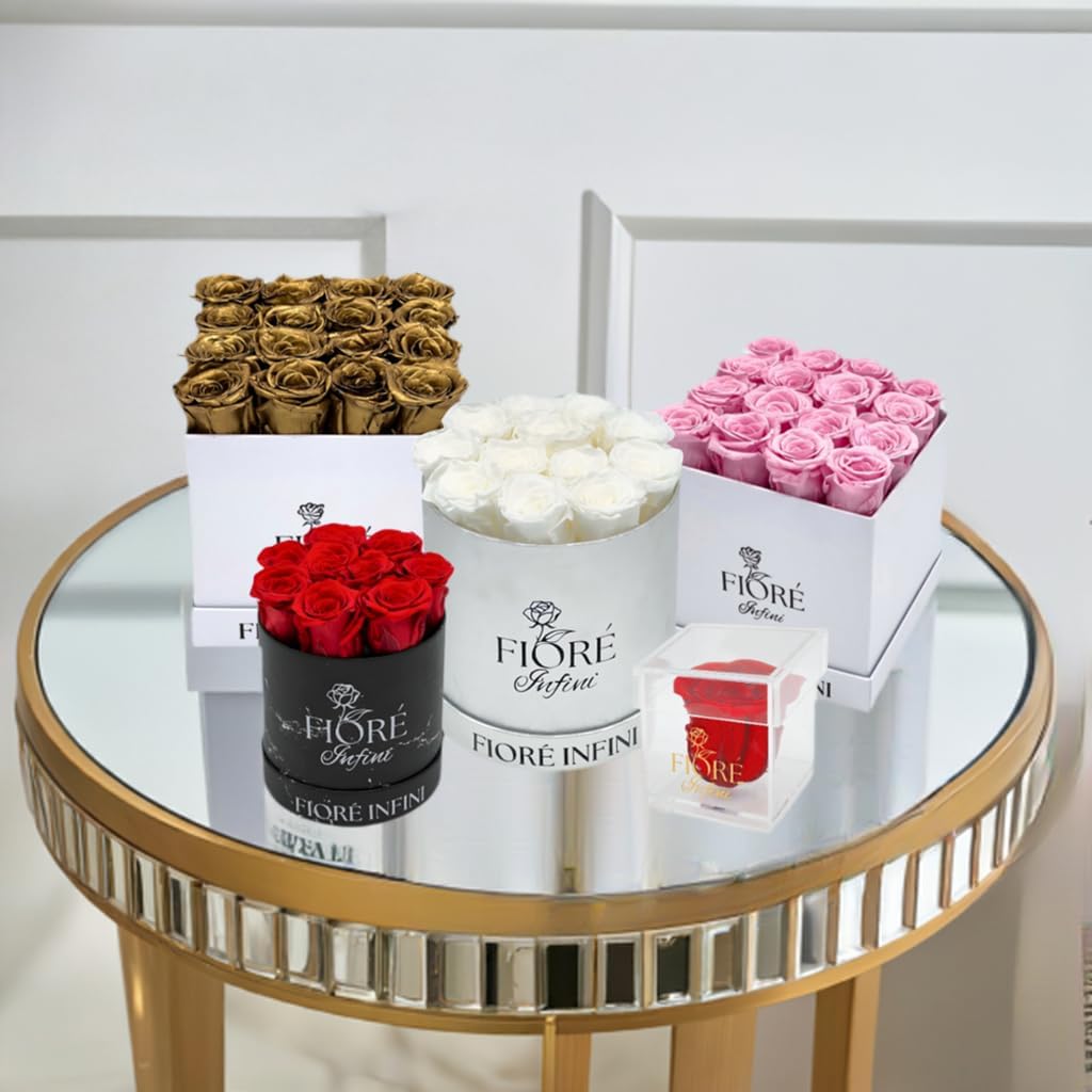 Fiore Infini Pink Forever Roses - 12-14 Preserved Roses In A Silver Round Box, Lasts 1-3 Years, No Water Needed, Perfect for Romantic Gifts, Mother's Day Gift Idea, Birthday Gifts, Gift For Her