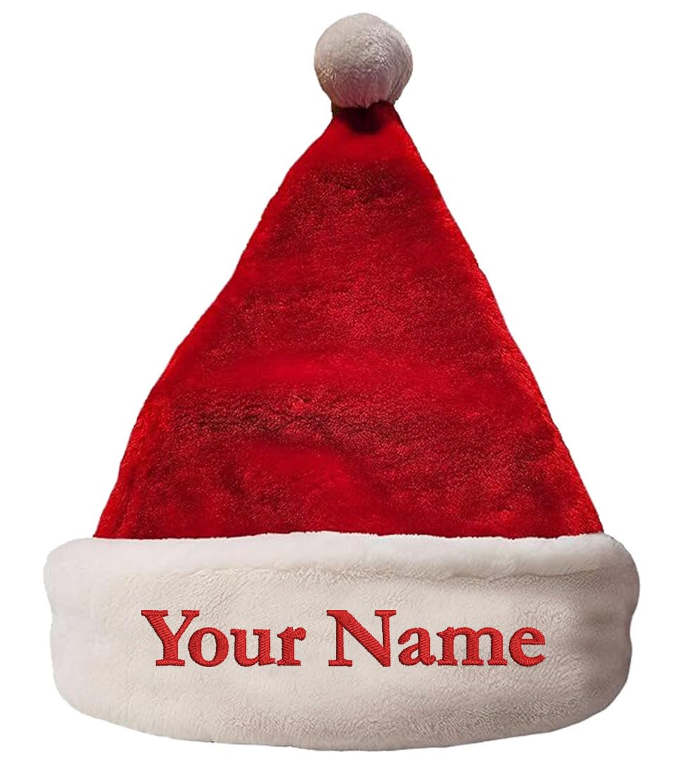 Merry Craft Works Custom Red Plush Santa Hat, with Name Embroidered - Personalized Fluffy Velvet Christmas Hats - Adult, 1 Pack