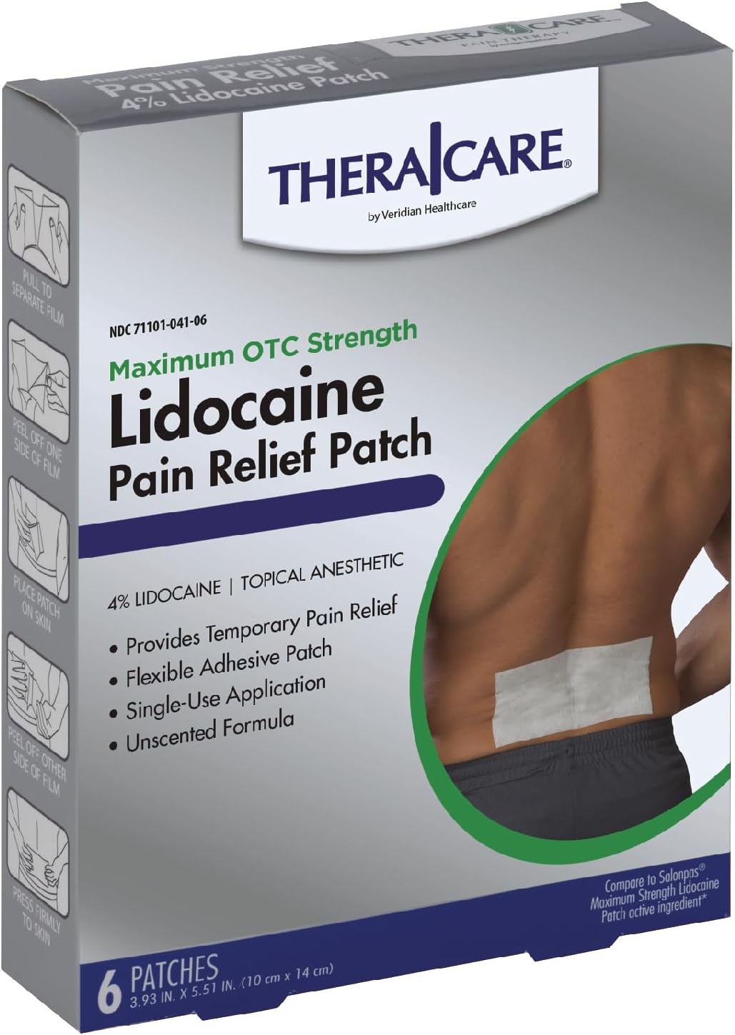 Thera|Care Maximum Strength OTC Pain Relief Patch | 4% Lidocaine Patch | 3.9” x 5.5” | 6-Count Box