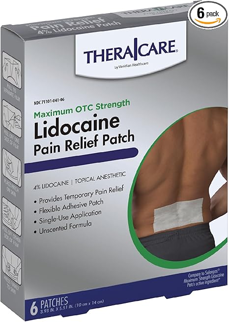 Thera|Care Maximum Strength OTC Pain Relief Patch | 4% Lidocaine Patch | 3.9” x 5.5” | 6-Count Box