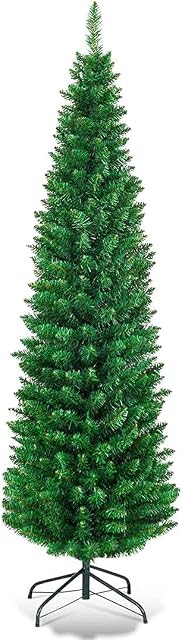 Homatz Artificial Pencil Slim Christmas Tree 6ft - Pencil Thin Slim Green White Tree with 560 Tips and Metal Stand - Perfect For Xmas Decoration (Green)