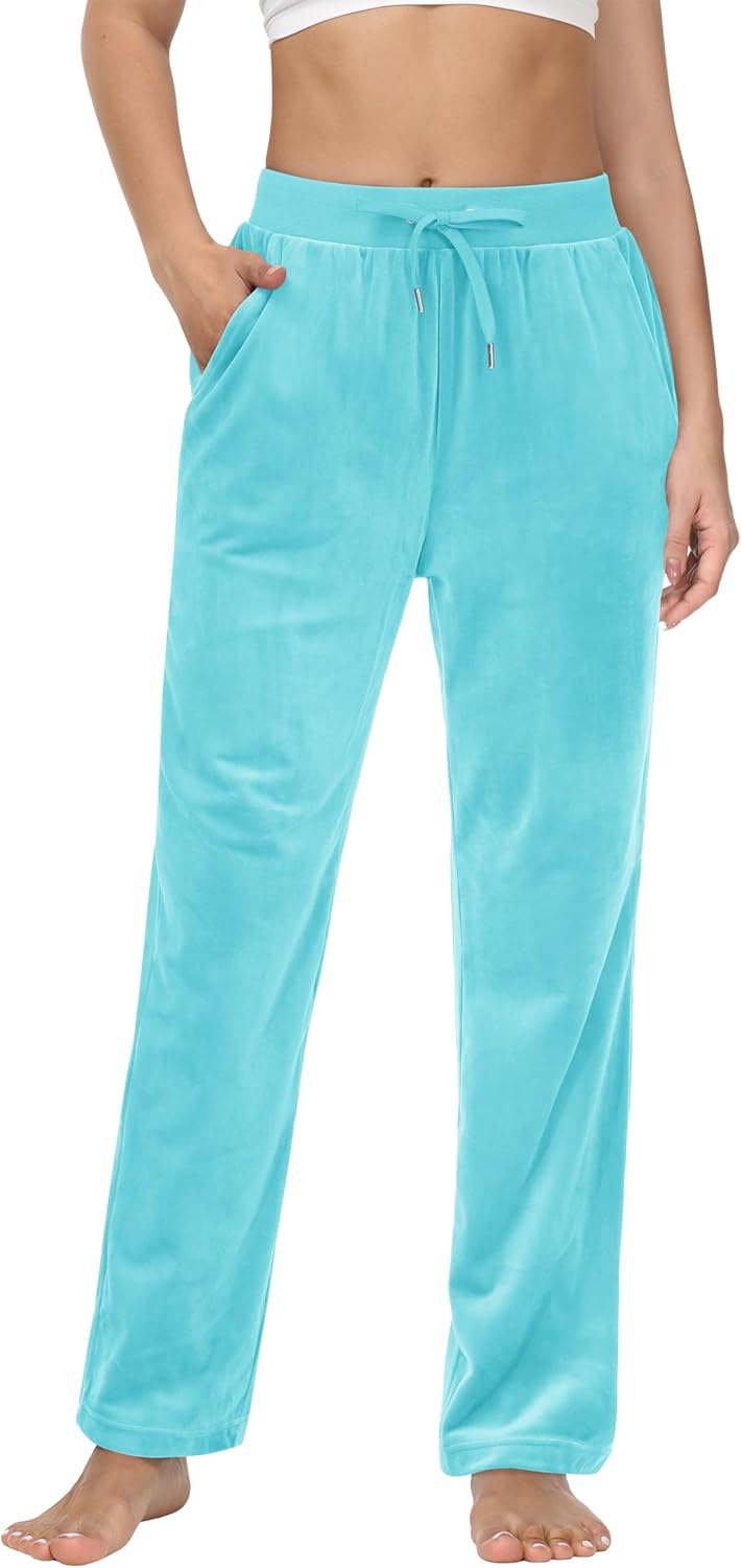 MAGCOMSEN Women's Velour Pants Soft Velvet Straight Leg Sweatpants Elastic Waist Warm Lounge Pant with Pockets