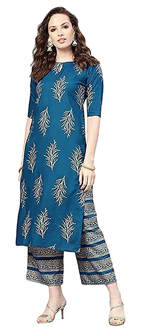 kalpit creations Women's Blue Rayon A-Line Kurta & Palazzo/Ladies Kurta & Palazzo/Kurta & Palazzo Set/Kurti & Palazzo/Block Print Kurti & Palazzo