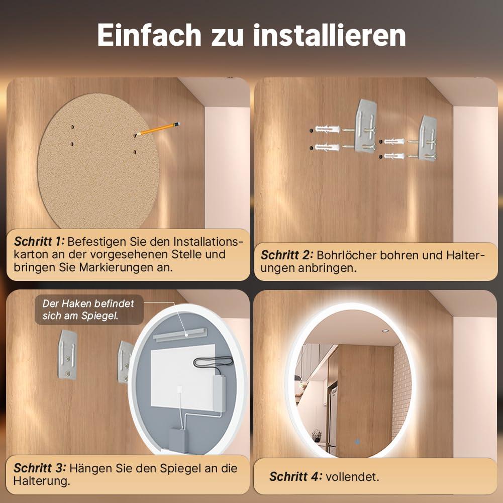 80cm Runder Badspiegel mit Beleuchtung, 3D Edge Lighting, 3 Farbtemperaturen, Dimmbar, Badezimmerspiegel mit Beleuchtung, Entfogging, Speicherfunktion, Modernes Design, HD, Touch-Schalter