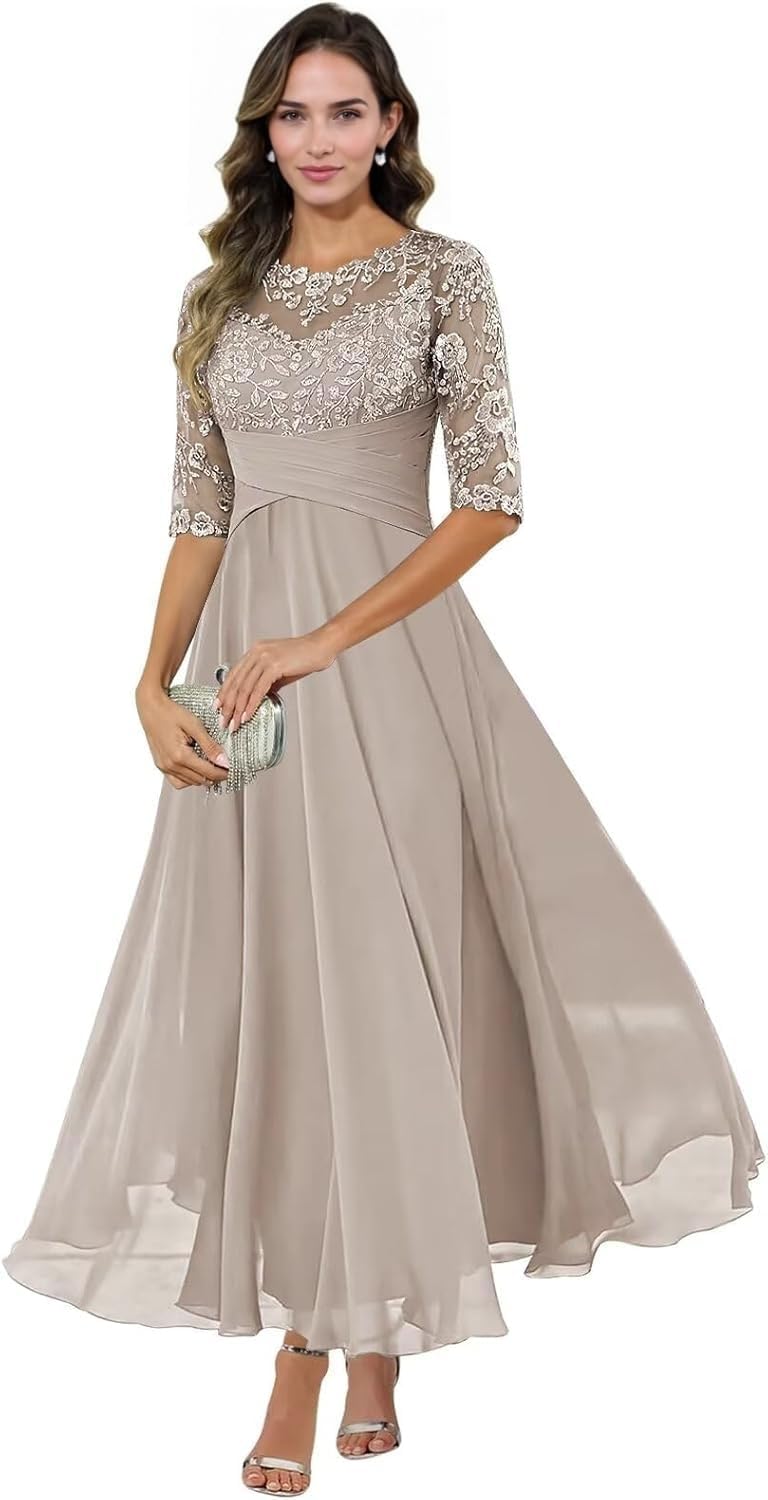 Lace Appliques Mother of The Bride Dresses for Women Half Sleeves Ruched Chiffon Formal Wedding Guest Dress