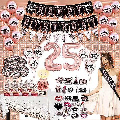 25th Birthday Decorations For Women - 1998 25 Year Old Woman, Girl, Daughter Gifts, Happy Twenty Five Bday Party, Balloon Number, Cake Topper, Sash, Funny Banner, Candle, Cumpleanos, Present Burthday
