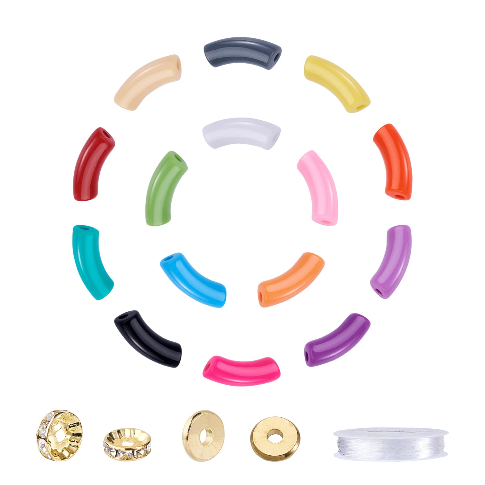 Beadthoven 75Pcs Acrylic Tube Beads Making Kit Chunky Bamboo Tube Beads Noodle Slide Beads Spacers with Gold Rhinestone Spacer Beads Elastic Crystal