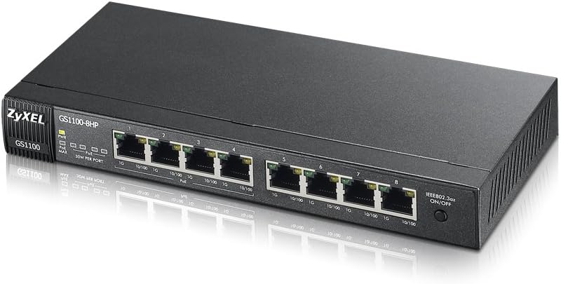 Zyxel 8-Port Gigabit Unmanged PoE+ Switch, 4 Ports mit PoE 75 Watt max.- Design ohne Lüfter fanless [GS1100-8HP]
