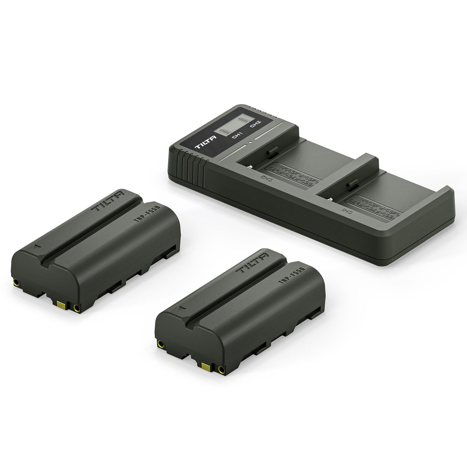 TILTA NP-F550 Lot de 2 batteries 3500 mAh et double chargeur LCD compatible avec les batteries Sony NP-F570, F550, F750, F770, F930, F950, F960, F970, lampes LED, moniteurs et Nucleus M II TBC-LS-A-GN