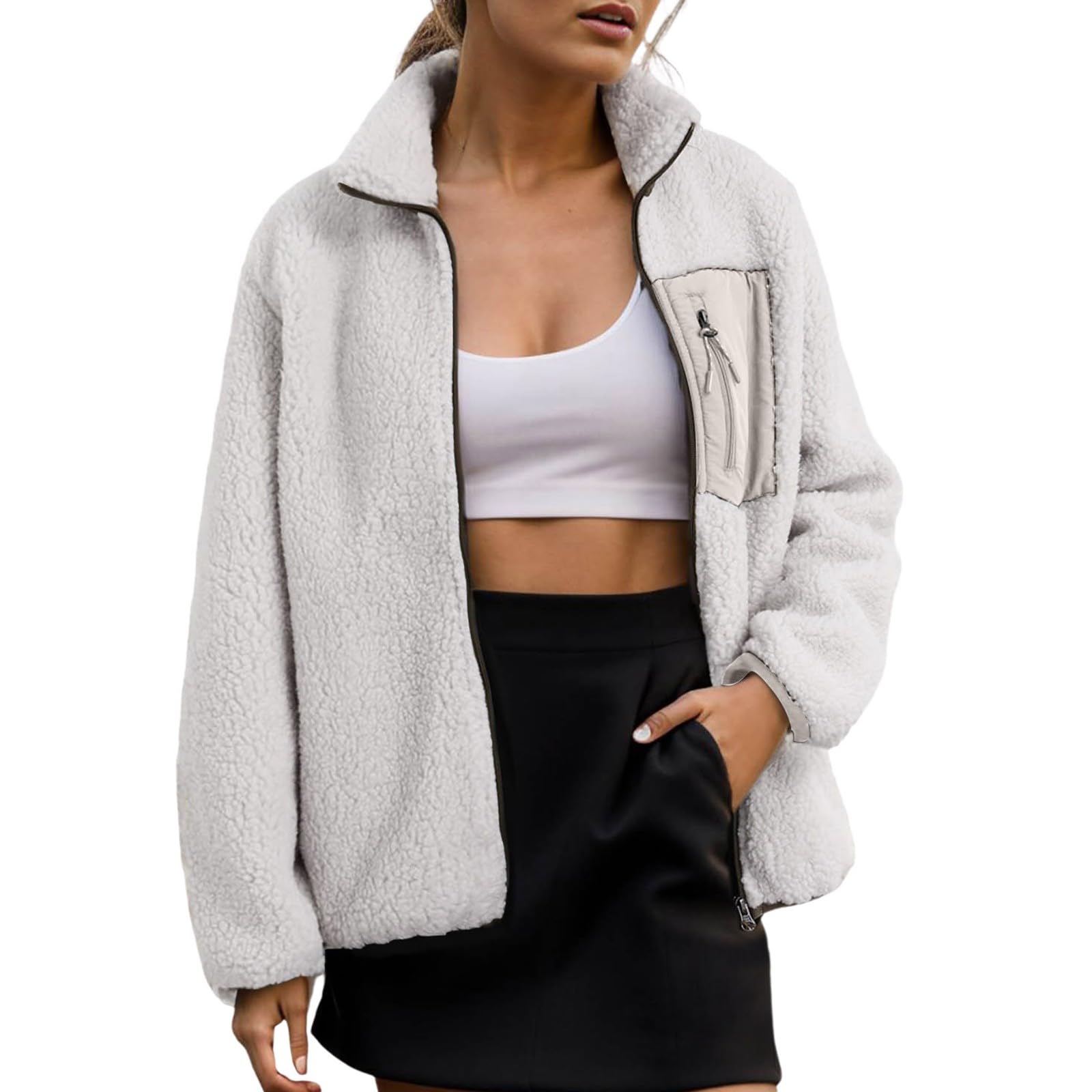 Generisch Windjacke Damen Leicht - Winterjacke, warme Langarm-Polarfleece-Jacke, Reißverschluss mit Taschen