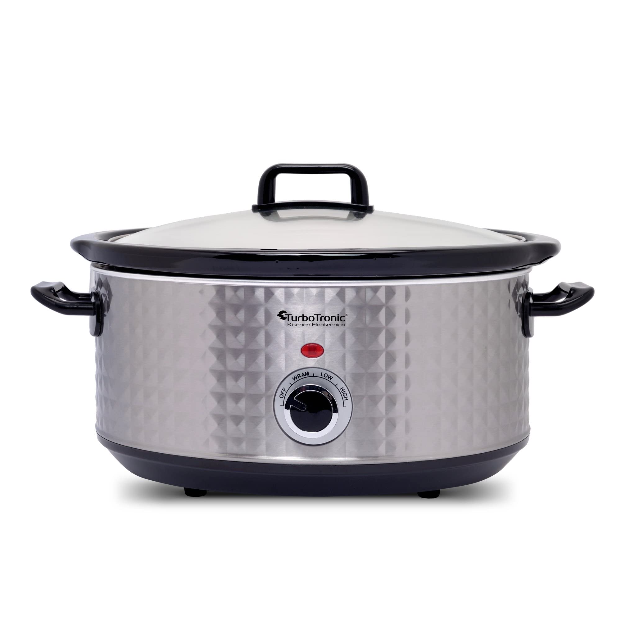 TurboTronic Slow Cooker 6,5L, silber Edelstahl, Schongarer mit Warmhaltefunktion, Dampfgarer, Schmortopf, Gartopf, Sous Vide Garer, retro Rautenmuster