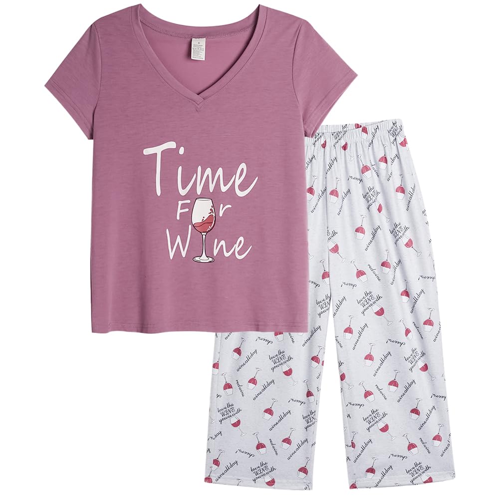 YIJIU Women's Short Sleeve Tops and Capri Pants Cute Cartoon Print Pajama Sets 3X-Large Red Wine a