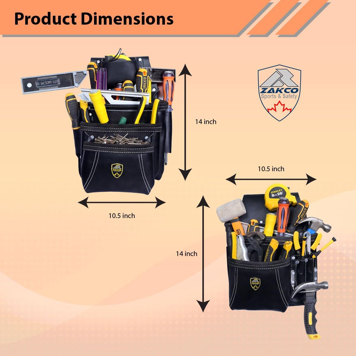 ZAKCO PRO-19 Genuine Full Grain Black Leather Heavy Duty Multi Pockets Construction Rig, Carpenters Tool Belt, 2 Leather Pouches Belt, Framer’s, Handyman, Roofer’s Tool Belt & Tool Organizer