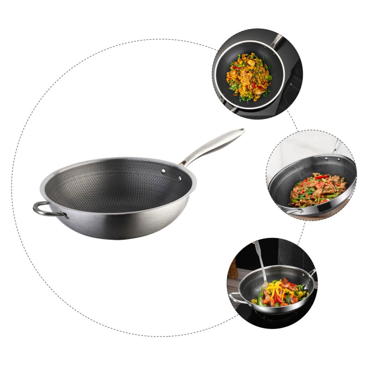 Edelstahl Wokpfanne mit Wabenstruktur, Silber, für Gas und Elektroherd | Haushalts Bratpfanne, zum Braten von Fleisch und Gemüse, Einfach zu Reinigen, Schlichtes Design