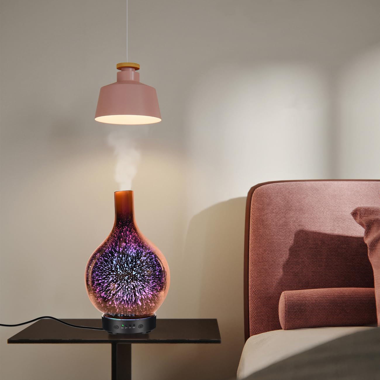 Diffusore di aromaterapia ad ultrasuoni per oli essenziali con vetro fatto a mano, bisfenolo A, spegnimento automatico senza acqua, 4 impostazioni timer, 7 opzioni di luce LED variabili